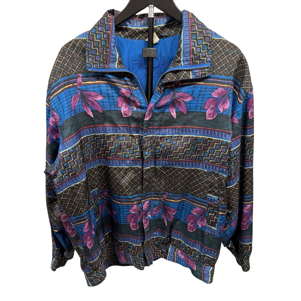 Vintage FUDA International Women's 100% Silk Zip Up Bomber Jacket Geometric M